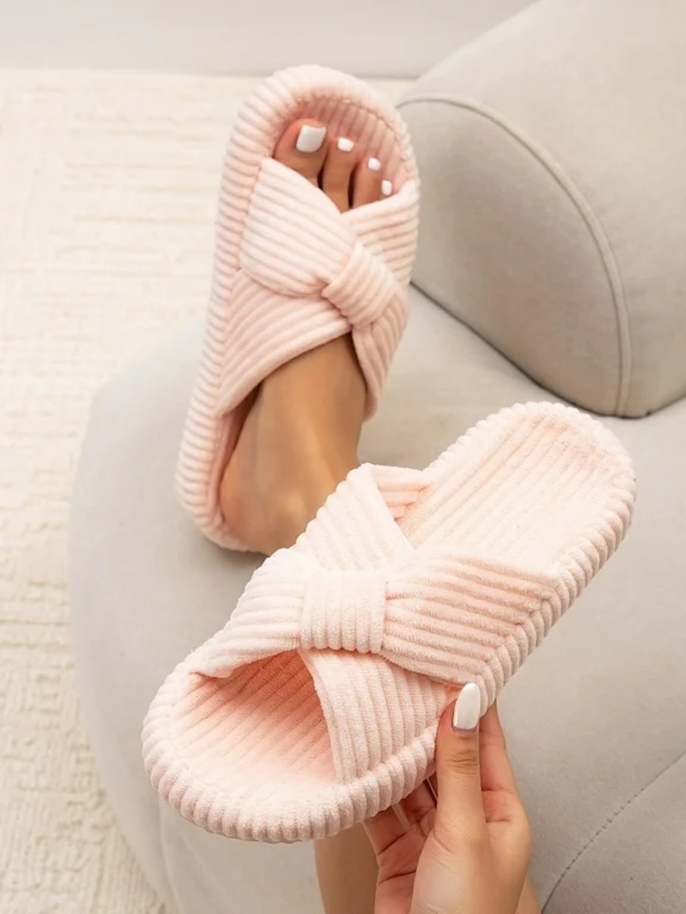 Women’s Pink Plush Corduroy Bow House Slippers Open Toe Comfort Size 11.5-12.5
